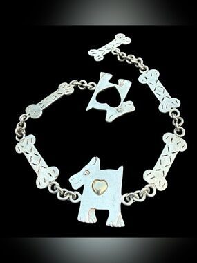 8” Vintage Dog and Bone 925 Mexico Sterling Silver Tennis Bracelet Kitchy Heart